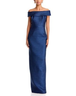 Basket Weave Jacquard Off-the-Shoulder Gown