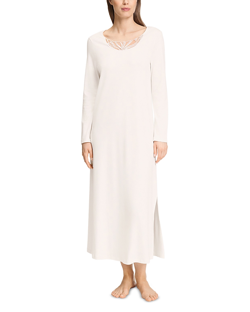 Hanro Rosaria Mesh Trim Long Sleeve Cotton Nightgown In Neutral