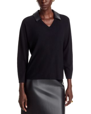Faux Leather Collar V Neck Sweater