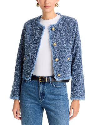 Michael Kors Cotton Fringe Trim Boucle Denim Jacket In Dusk Blue Wash