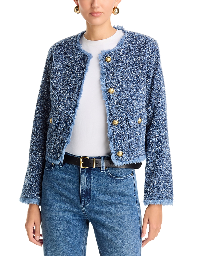 Michael Kors Cotton Fringe Trim Boucle Denim Jacket In Dusk Blue Wash