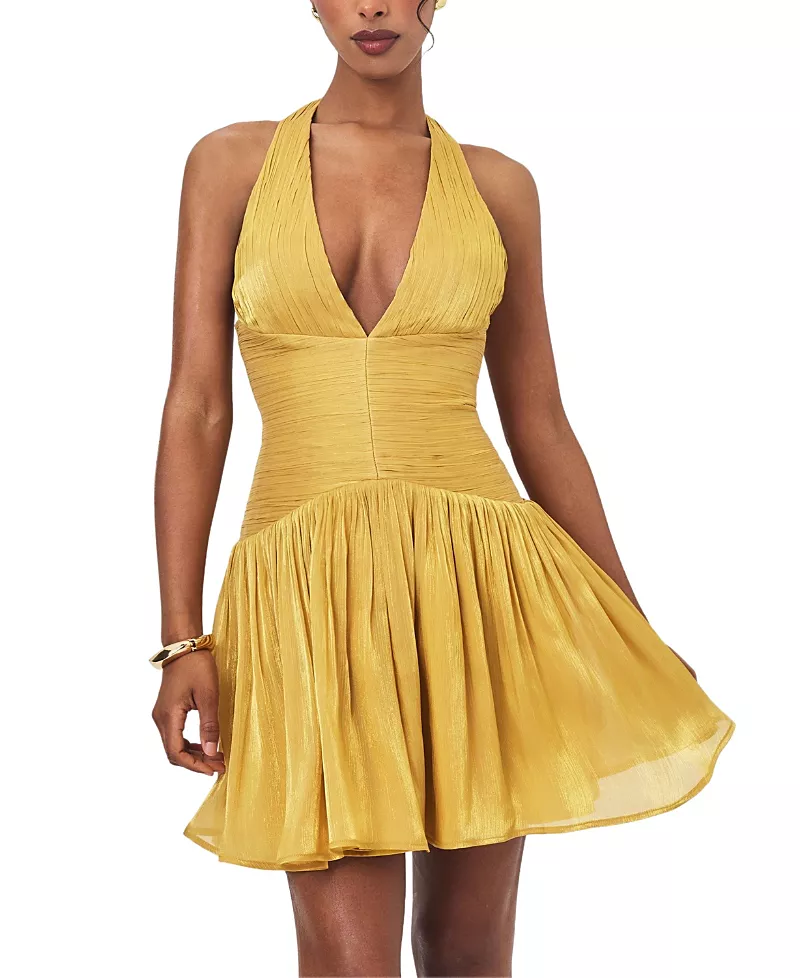 Miss Circle Xavia Crystal Organza Plunging Halter Mini Dress