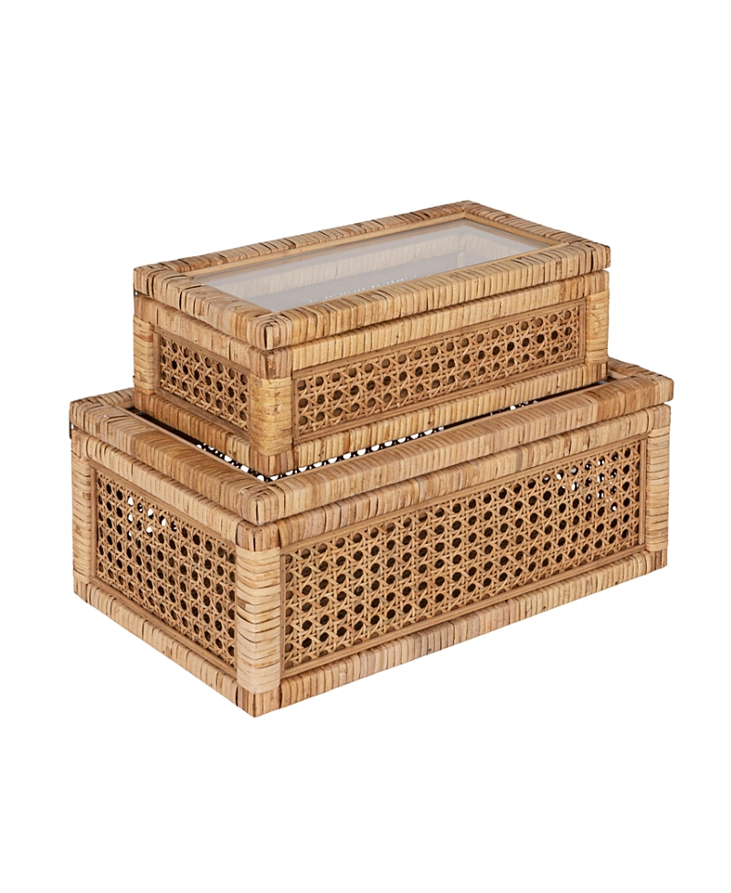 Olive Grove Woven Rattan and Wood Display Boxes with Glass Lids, Set of 2