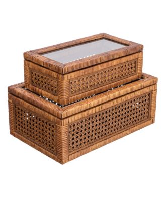  Woven Rattan and Wood Display Boxes with Glass Lids, Set of 2
