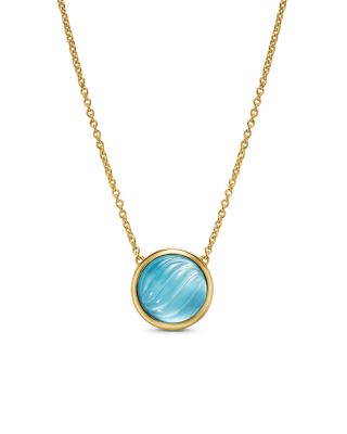 Sculpted Cable Pendant Necklace in 18K Yellow Gold with Blue Topaz and Mother of Pearl, 11.3mm