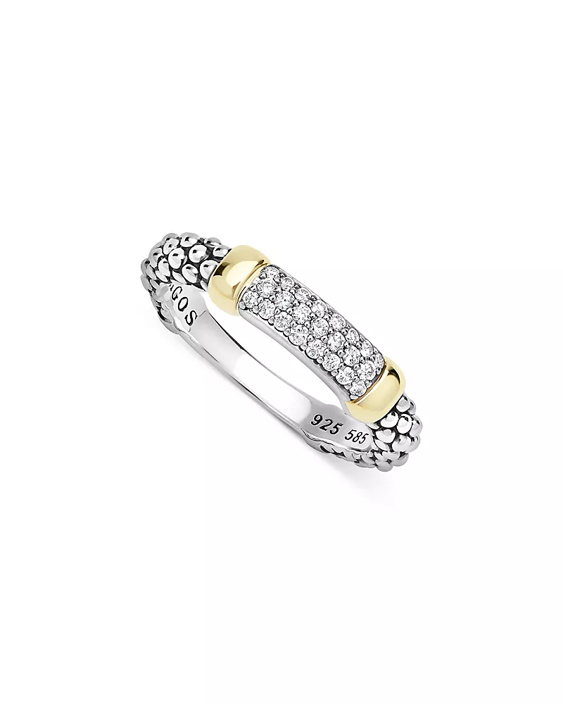 Lagos 14K Yellow Gold & Sterling Silver Signature Caviar Diamond Pave Station Ring, 0.19 tcw