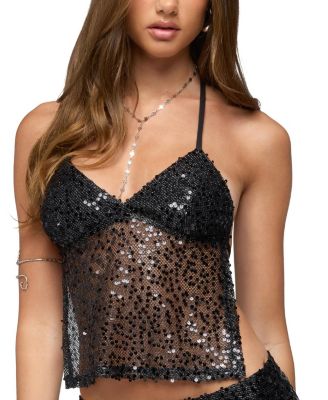 Edikted Annael Sequin Net Backless Halter Top