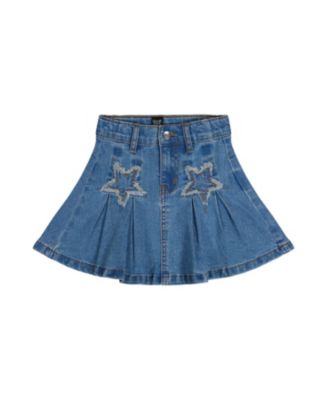 Deux par Deux Girls' Pleated Denim Elastic Waistband Star Applique Skirt - Big Kid