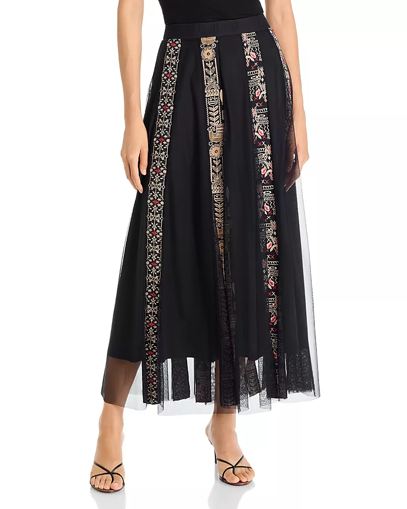 Johnny Was Yalena Embroidered Mesh Midi Skirt