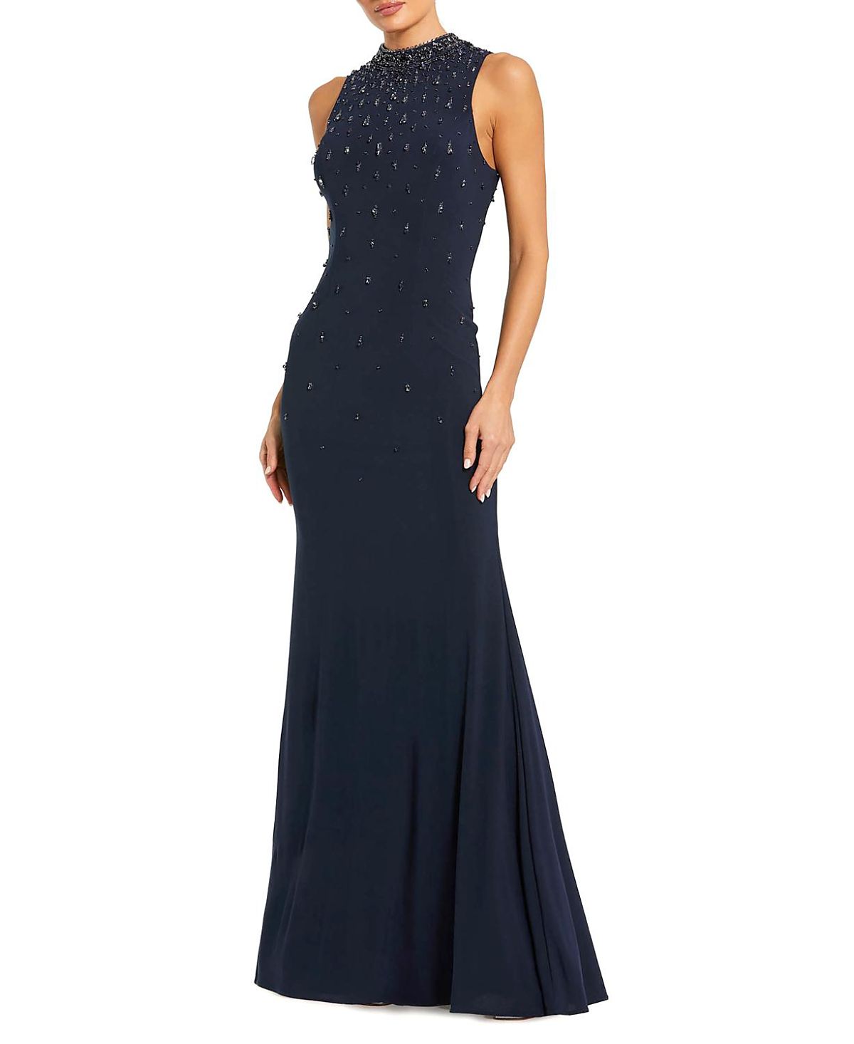 Mac Duggal High Neck Sleeveless Beaded Jersey Fitted Gown