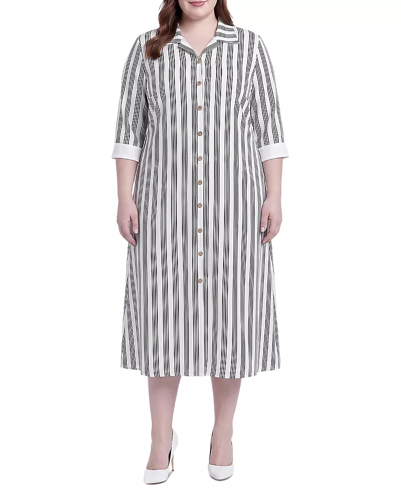 standards & practices Plus Striped Button Front Midi Shirt Dress