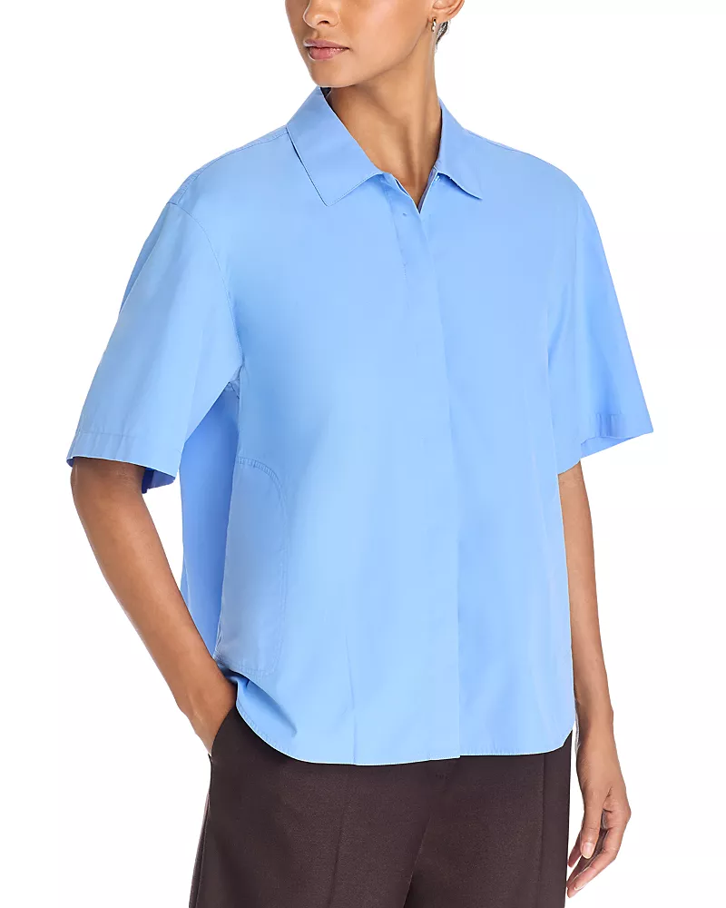 Lafayette 148 New York Cotton Short Sleeve Pleated Back Shirt