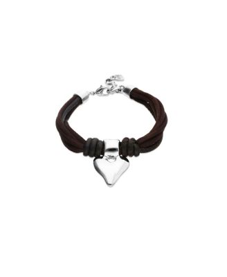  Silk-Effect Thread Blend Bracelet with Brown Leather and Heart Detail