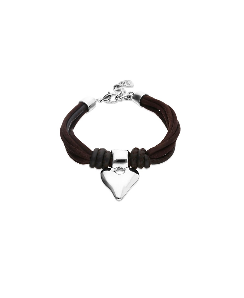 Unode50 Silk-Effect Thread Blend Bracelet with Brown Leather and Heart Detail · M