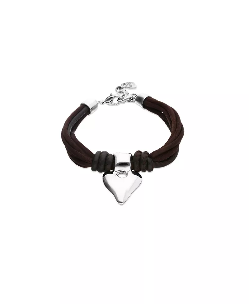 UNOde50 Silk-Effect Thread Blend Bracelet with Brown Leather and Heart Detail