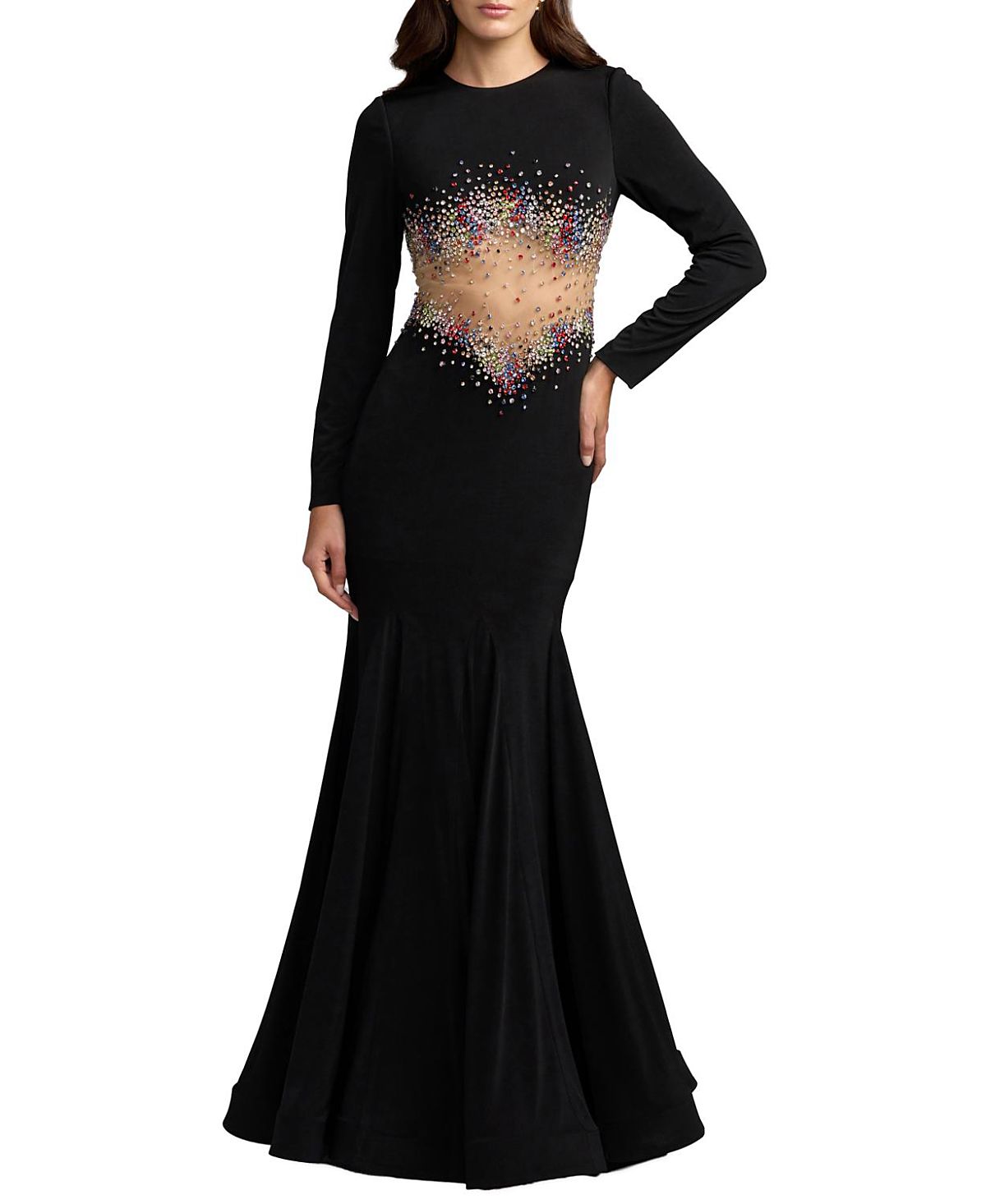 Mac Duggal Long Sleeve Jersey Mermaid Gown With Sheer Detail