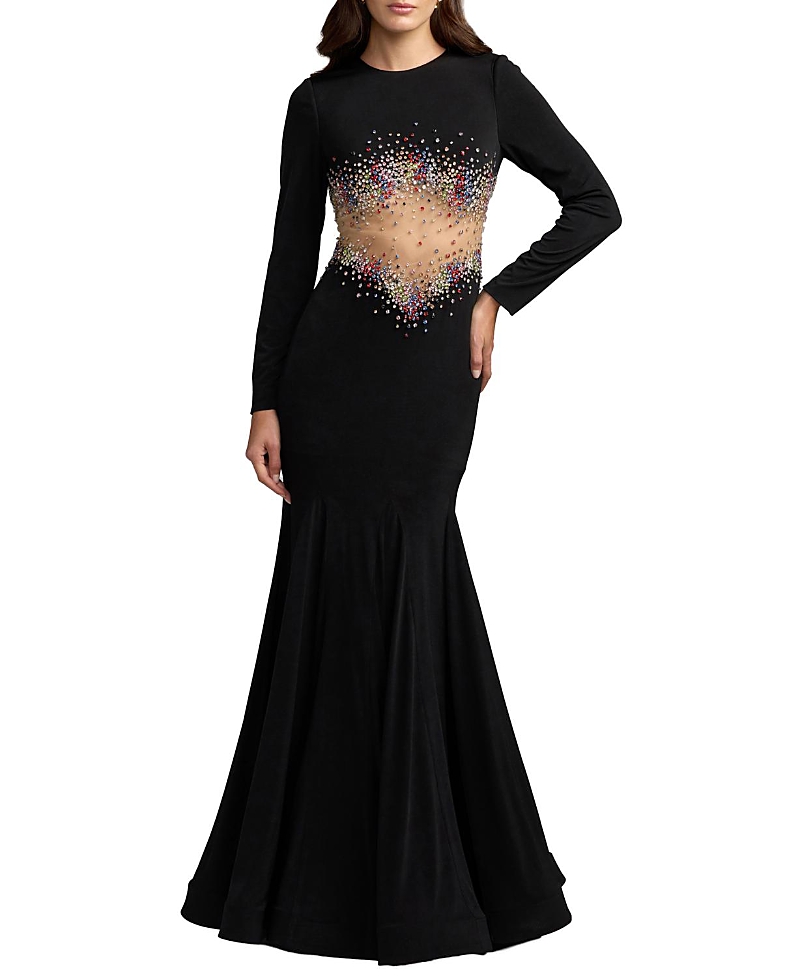 Mac Duggal Long Sleeve Jersey Mermaid Gown With Sheer Detail