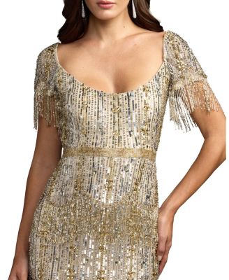 Short Sleeve Scoop Neck Fringe Beaded Dress