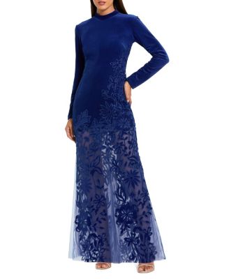  Long Sleeve Sheer Floral Embroidered Velvet Gown