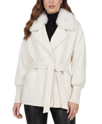  Fabric Jacket with Detachable Shearling Lamb Collar, Belt