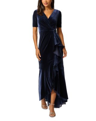 Stretch Velvet Cascade Ruffle Gown
