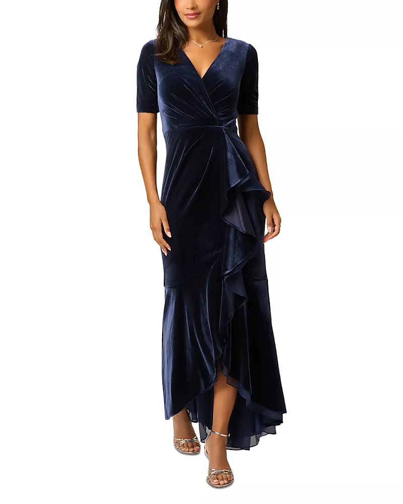 Adrianna Papell Stretch Velvet Cascade Ruffle Gown