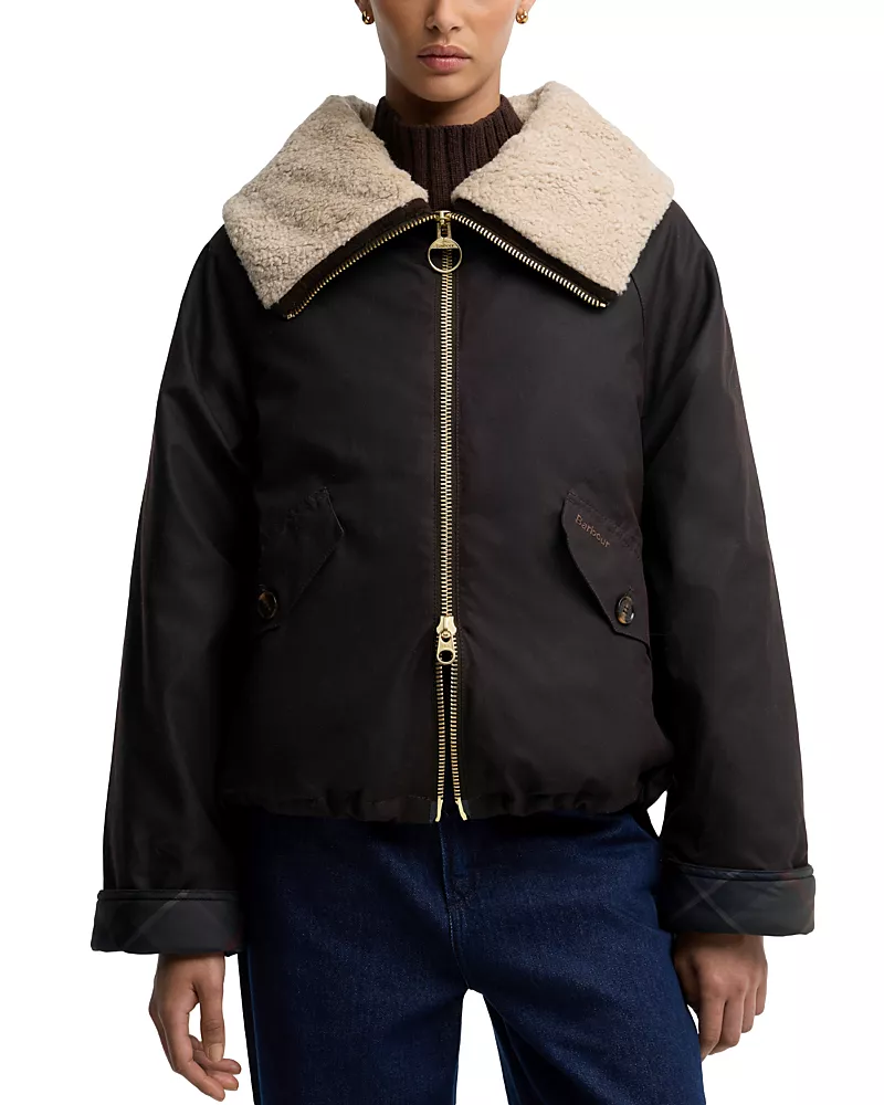 Barbour Mary Faux Fur Collar Waxed Cotton Jacket