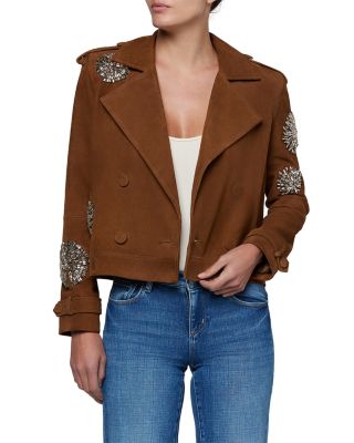 Xoey Suede Crystal Trim Cropped Trench Coat