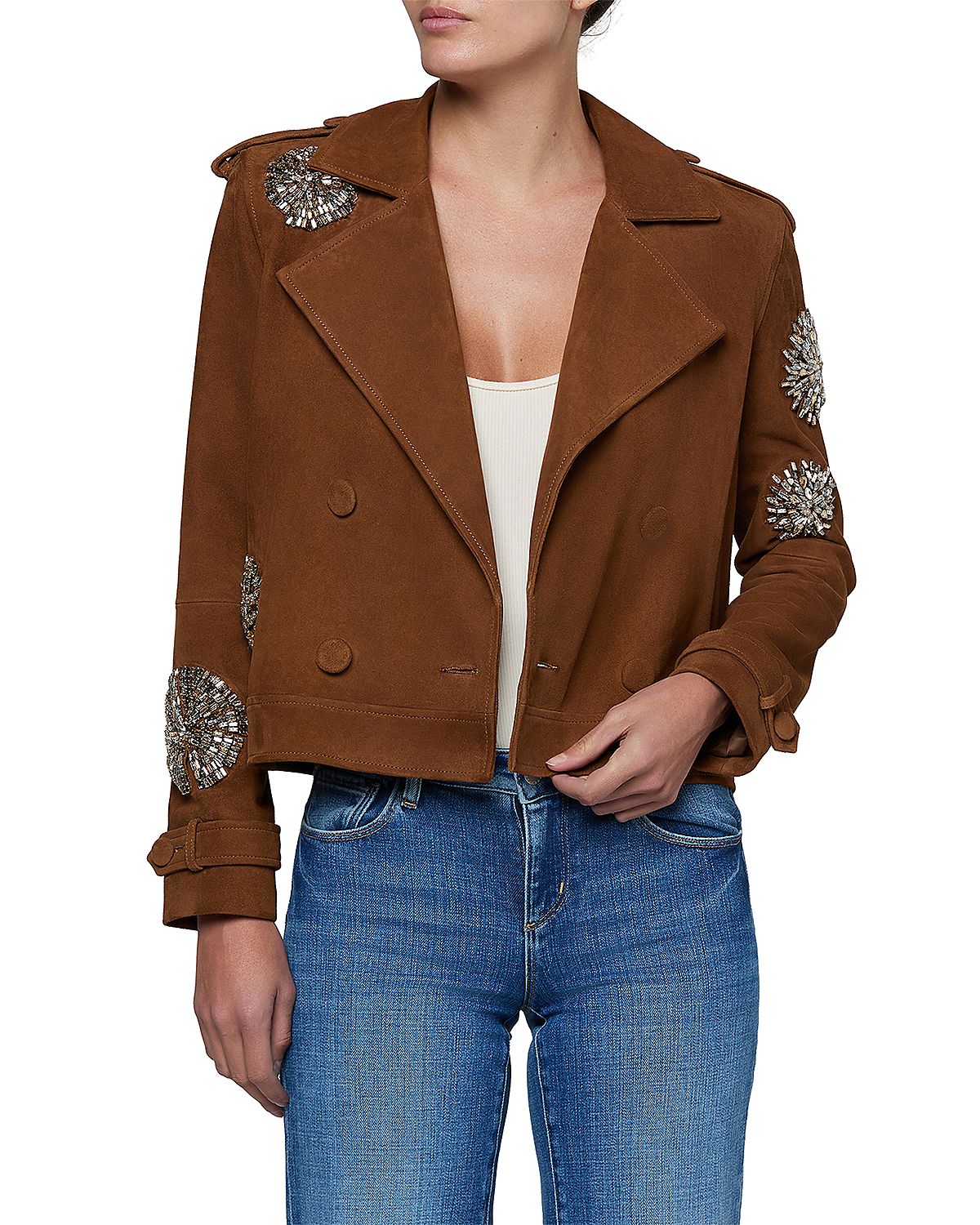 L'Agence Xoey Suede Crystal Trim Cropped Trench Coat