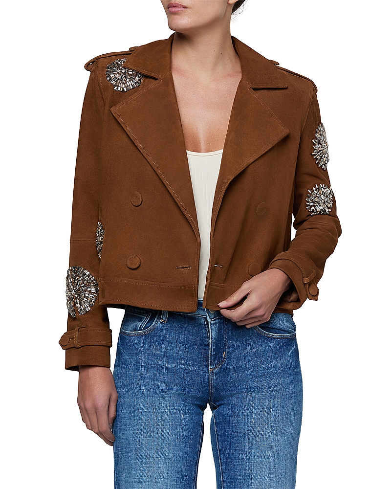 L'Agence Xoey Suede Crystal Trim Cropped Trench Coat