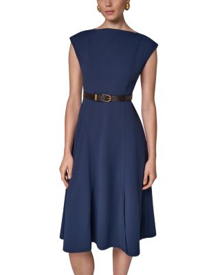 Cap Sleeve Boat Neck Belted A Line Dress 