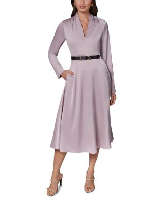 Satin A Line Belted Midi Dress