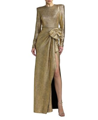  Metallic Long Sleeve Structured Bow Draped Gown