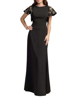  Embellished Flutter Sleeve Crepe Gown