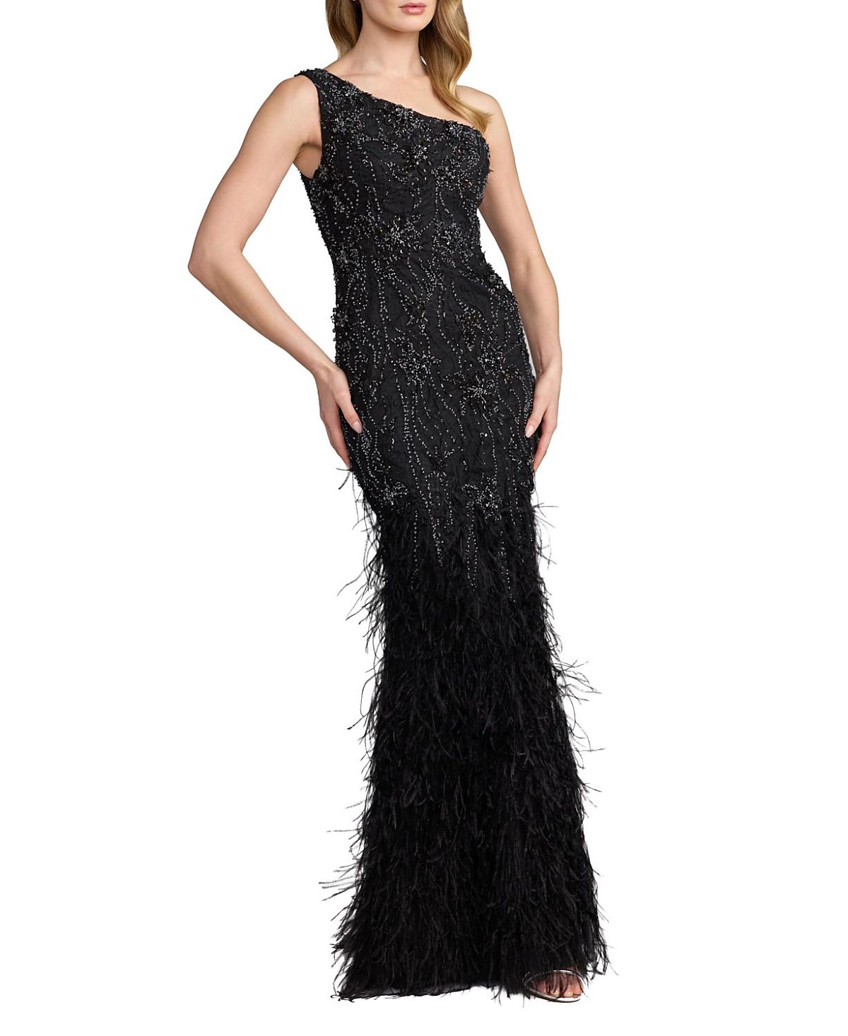 Mac Duggal Embellished Lace One Shoulder Feather Gown