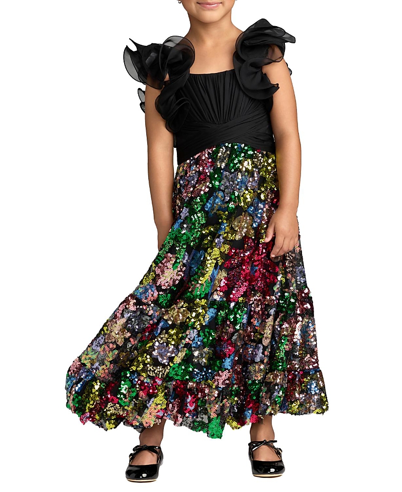 Mac Duggal Girls Ruffle Shoulder Sequin A Line Dress - Little Kid, Big Kid