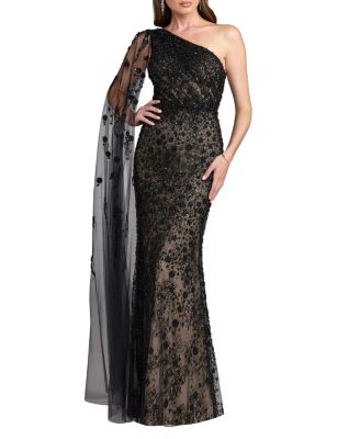  Embellished Lace One Shoulder Gown With Cape Sleeve