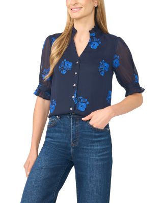 Ruffle Neck Elbow Sleeve Blouse