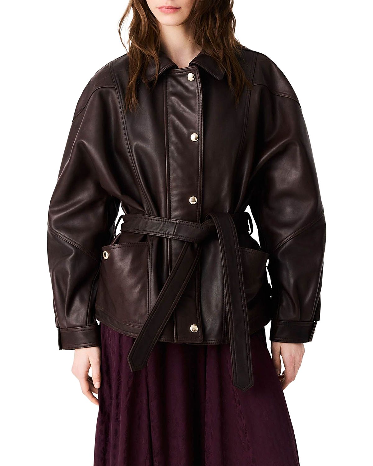 Maje Bianino Leather Belted Jacket