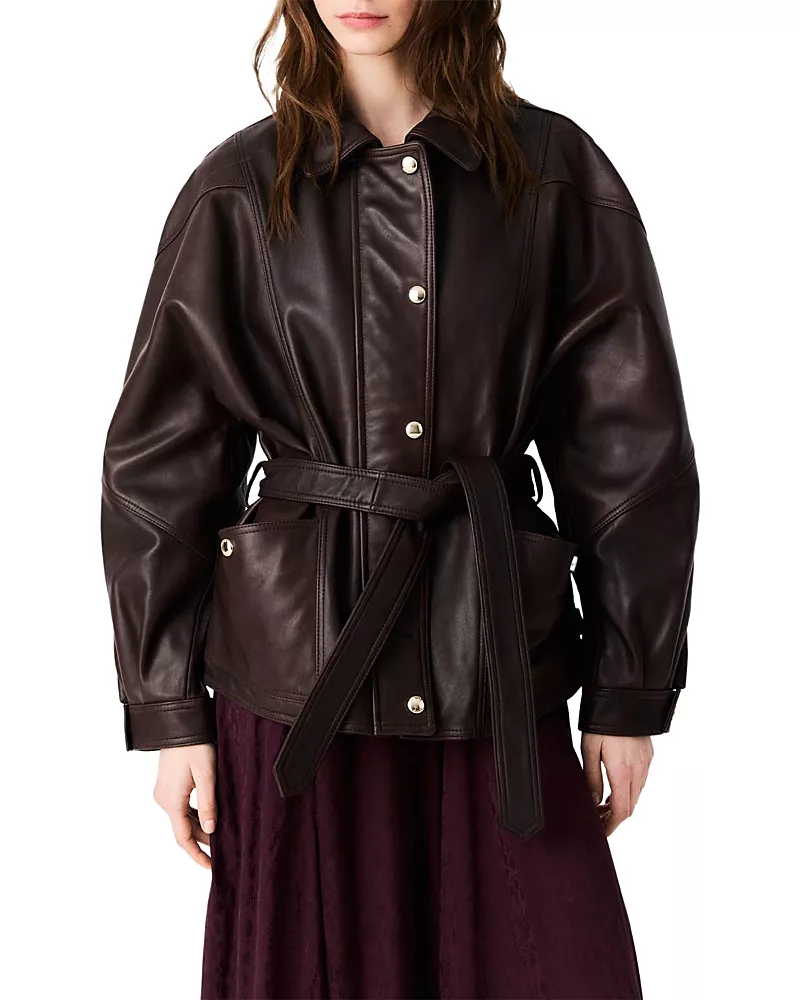 Maje Bianino Leather Belted Jacket