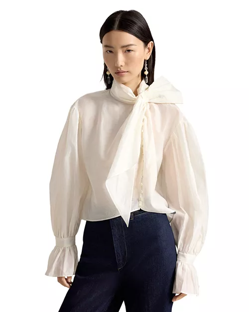 Tie Bow Cotton & Silk Organdy Shirt