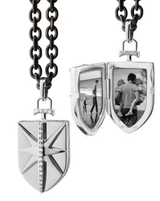 Sterling Silver & Black Steel Lockets White Sapphire Shield Pendant Necklace, 24"