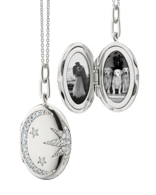 Sterling Silver Sun Moon & Stars White Sapphire Galaxy Oval Locket Pendant Necklace, 20-22"