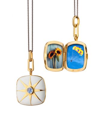 18K Yellow Gold Vermeil over Sterling Silver & Black Steel Locket x Color Blue Sapphire & White Enamel Cushion Pendant Necklace, 16-17"