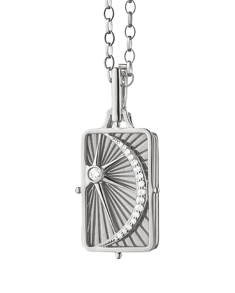 Monica Rich Kosann Sterling Silver Sun Moon & Stars White Sapphire Gate Locket Pendant Necklace, 18