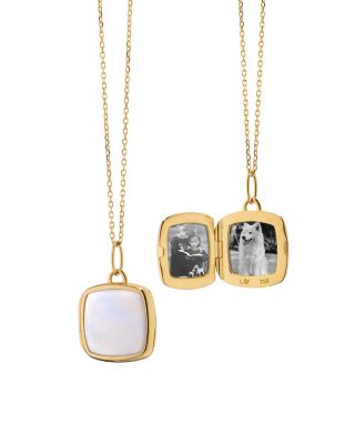 18K Yellow Gold Slim Lockets Mother of Pearl Cushion Pendant Necklace, 16-17"