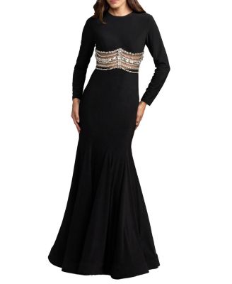  Long Sleeve Jersey Gown With Crystal Detail