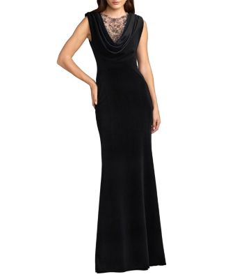 Mac Duggal Velvet Cowl Gown With Sheer Beaded Neckline
