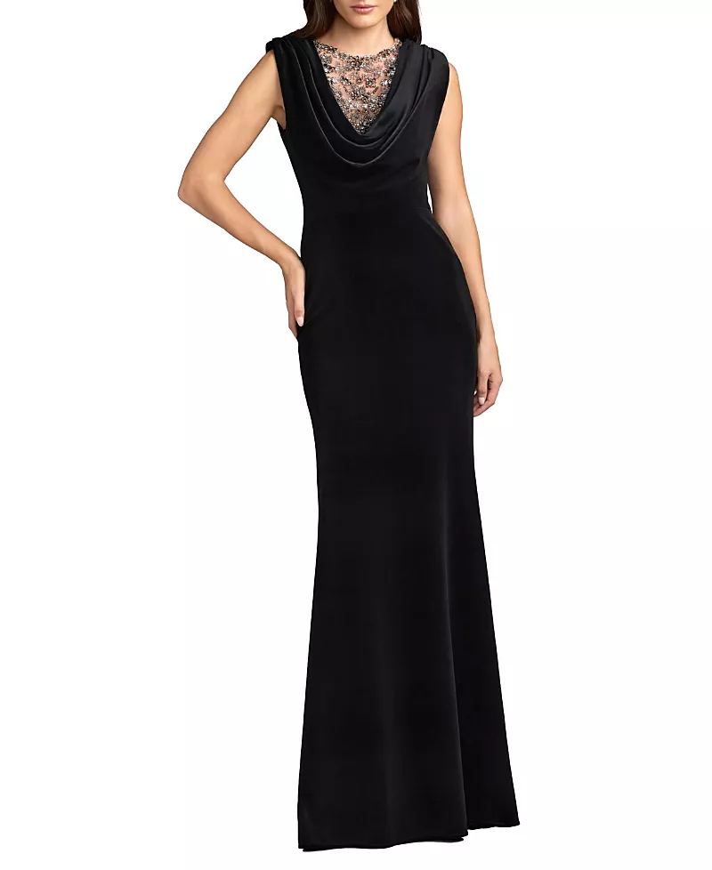 Mac Duggal Velvet Cowl Gown With Sheer Beaded Neckline