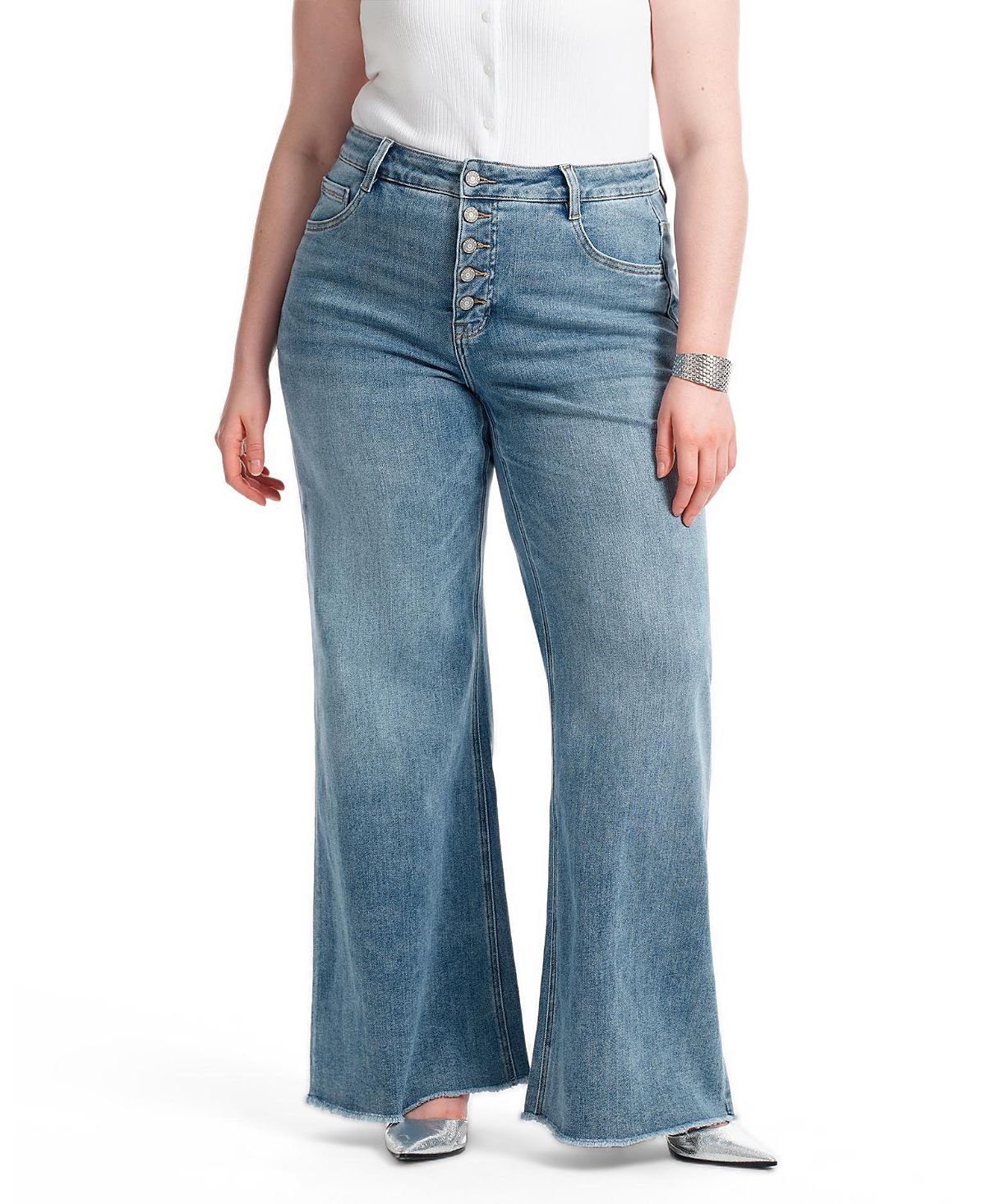 Bayeas Plus Mid Rise Wide Leg with Frayed Hem Denim Jeans